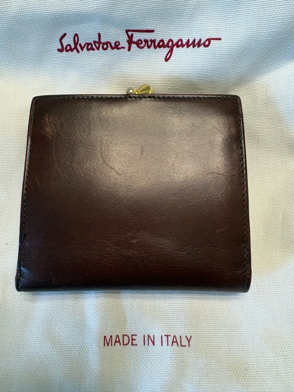 Salvatore Ferragamo Burgundy Leather Wallet Gold Hardware Luxury